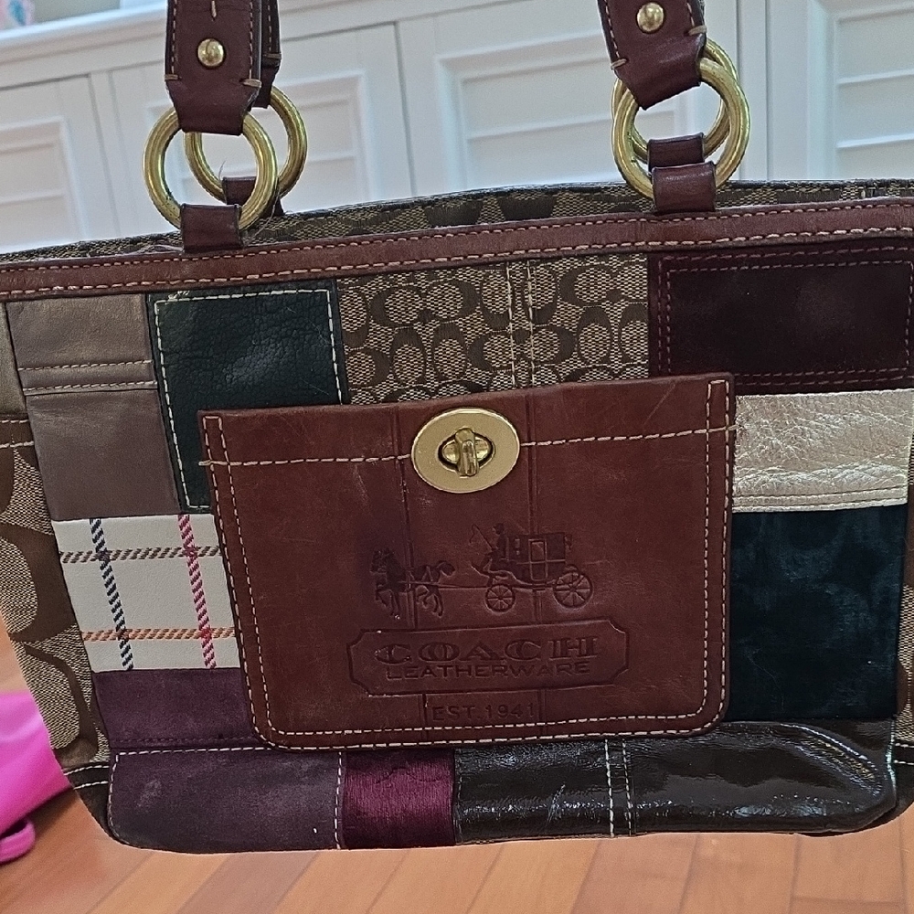 Vintage Coach Patchwork Leather Tote Bag - Brown, Burgundy, Teal Gold